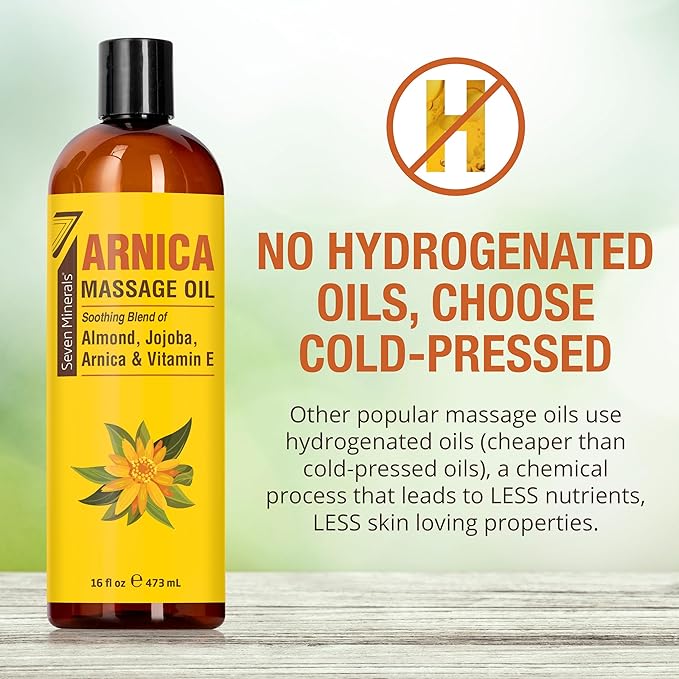 Seven Minerals Arnica Sore Muscle Massage Oil for Massage Therapy - Big 16 oz - Ideal for Professional or at-Home Body Massage. Soothing Natural Blend of Almond, Jojoba & Vitamin E