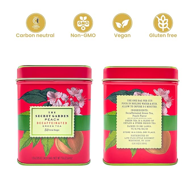 Premium Decaf Peach Herbal Green Tea Bags 50 Pack Designer Tin, Eco-Friendly, Sugar Free, Keto & Diabetic Friendly Full Bodied Aromatic Flavor Family Share Size Bulk Teabags (50-Count) - Bloomnest
