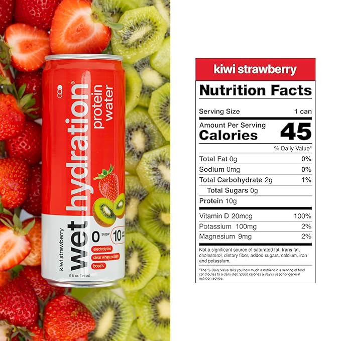 Wet Hydration Protein Water | Electrolyte Drink with Clear Whey Protein & BCAAs - Kiwi Strawberry Flavor (12oz Cans, Pack of 12) | Zero Sugar, 10g Protein, Low Calorie, Functional Hydration - Bloomnest