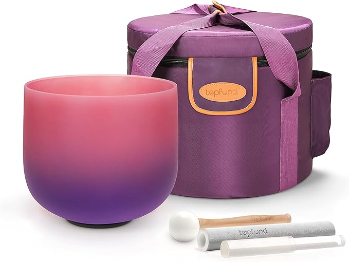 TOPFUND 432Hz Pink Purple F# Note Crystal Singing Bowl Thymus Chakra 8 inch with Heavy Duty Carrying Case and Suede Mallet
