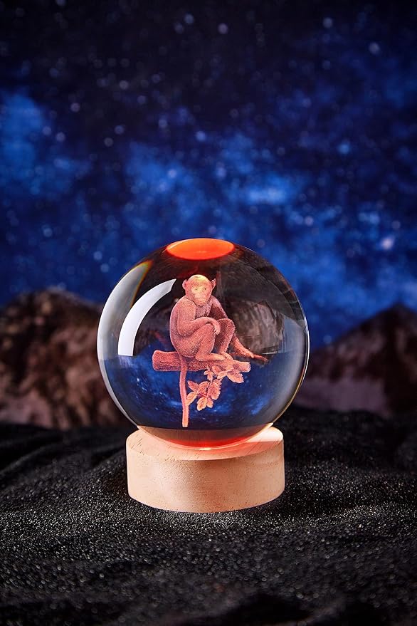 3D Large Monkey Crystal Ball Night Light with Wooden Base, Crystal Lamp Gift for Kids Wife Friends, 16 Color Changing with Remote Control, Laser Engraved 3.15 inch Glass Ball Lamp (Monkey) - Bloomnest