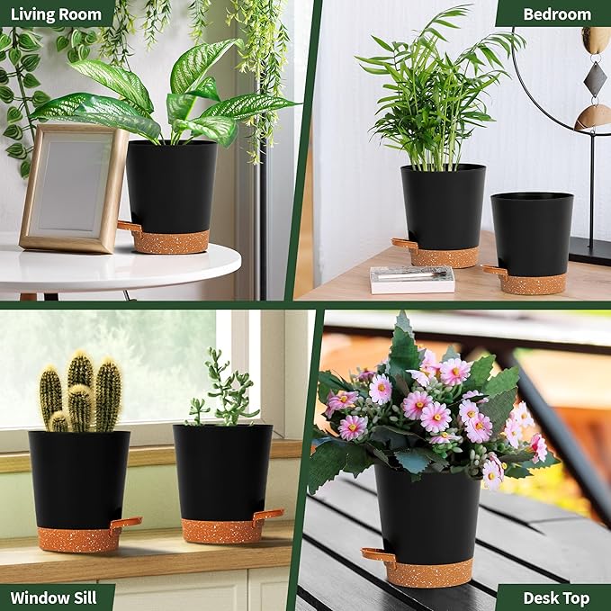 4 inch Small Plant Pots for Outdoor Indoor Plants, 10 Pack Planters with Drainage Holes and Tray, Small Self Watering Pots for Succulent, Cactus, Aloe and Other Plants (Black) - Bloomnest