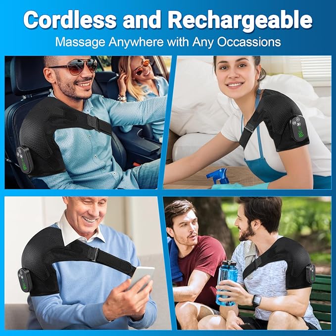 YUANBO Shoulder Heating Pad Massager - Cordless Portable Heated Shoulder Brace & Wrap with Vibration, 6 Heat & Timer Modes - Warmer Gift for Mom & Dad
