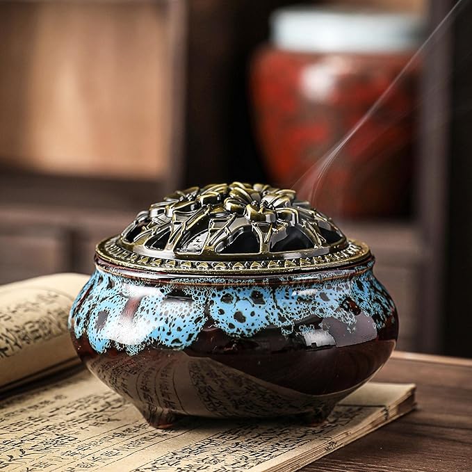 Ceramic Incense Burner with Lid, Bowl Burner， Cone Incense Burner, Ceramic Censer Suitable for Incense/Cone/Coil/Sticks, There are 30 Incense Cones+ Metal Incense Holder+Fireproof Cotton Inside. - Bloomnest