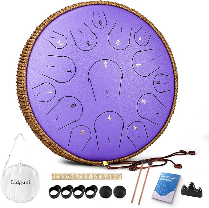 Steel Tongue Drum - 14 Inch 15 Note Tongue Drum - Hand Pan Drum with Music Book, Handpan Mallets and Carry Bag, C Major, Purple - Bloomnest