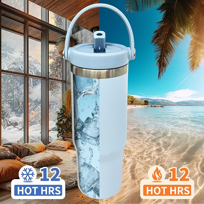 30 oz Tumbler Bulk with Top Handle, Double Wall Vacuum Insulated Tumbler with Flip Straw, Travel Coffee Mug 30oz Powder Coated Cup for Laser Engraving (Blue,8 pack)