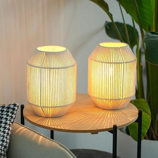 JHY DESIGN Set of 2 Woven Lampshade Table Lamps 8.5" H Cotton Rope Bedside ‌Light‌s Cordless Decorative Battery Operated Lamps with 6 Hours Timer for Bedroom Living Room Weddings Parties Patio - Bloomnest