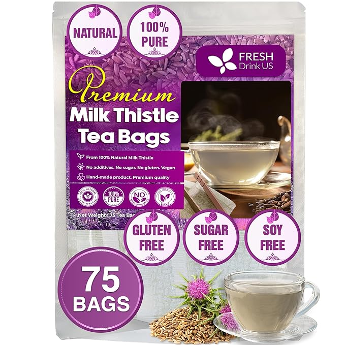 FreshDrinkUS, Premium 75 Milk Thistle Tea Bags, 100% Natural & Pure from Milk Thistle Seeds. Milk Thistle Seed Herbal Tea. Made with Natural Material Tea Bags. No Sugar, No Caffeine, No Gluten, Vegan. - Bloomnest