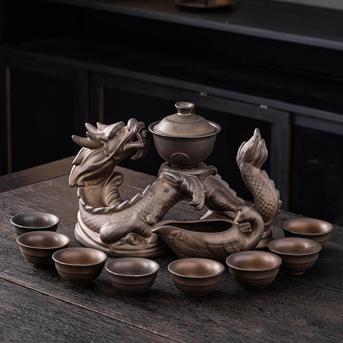 Dragon Tea Sets with Infuser Semi Automatic Tea Set Magic Teapot with 8 cups (Antique Brass Dragon- A) - Bloomnest