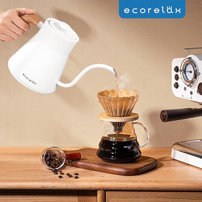 ECORELAX Gooseneck Electric Kettle, ±1℉ Temperature Control Pour Over Kettle for Coffee, Tea & Water, Stainless Steel 1200 W Keep Warm OLED Display 1 L (White) - Bloomnest
