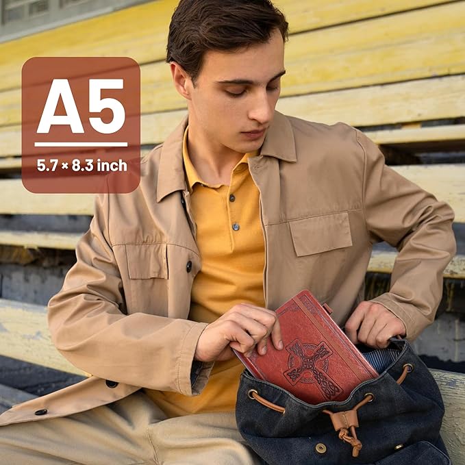 CAGIE Leather Lined Journal Notebook for Men & Women, Debossed Cross, 320 Pages 100 GSM Thick Paper, A5 Hardcover Journaling Notebooks for Writing, 5.7'' X 8.3'' Diary, Rust Brown - Bloomnest