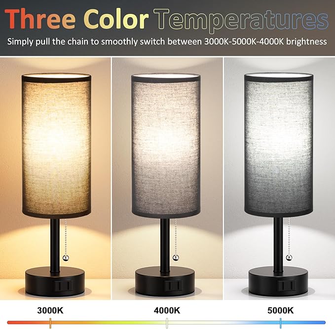 Fenmzee Black Bedside Table Lamps Set of 2-3 Color Temperatures Pull Chain Lamp with AC Outlet Charging Port, Round Night Stand Lamps for Bedroom Office, Small Bed Side Light with E26 LED Bulbs - Bloomnest