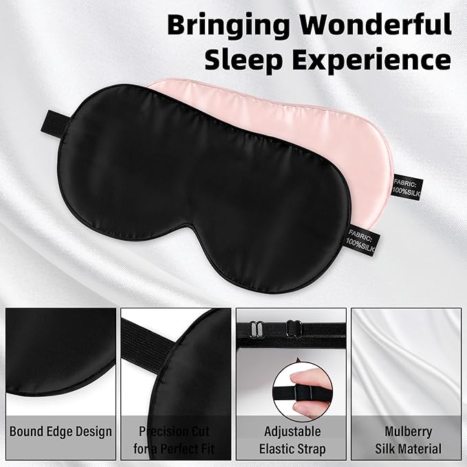 Silk Sleep Eye Mask for Kids, 100% Real Natural Pure Silk Sleeping Masks, Blindfold Sleep Eye Cover with Adjustable Strap, Soft & Lightweight Night Eyeshade for Boys Girls Teens (2 Pack)