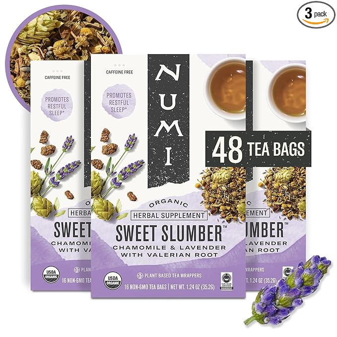 Numi Organic Tea Sweet Slumber with Chamomile, Valerian Root & Lavender, 16 Count Box of Tea Bags (Pack of 3) Herbal Teasan (Packaging May Vary) - Bloomnest