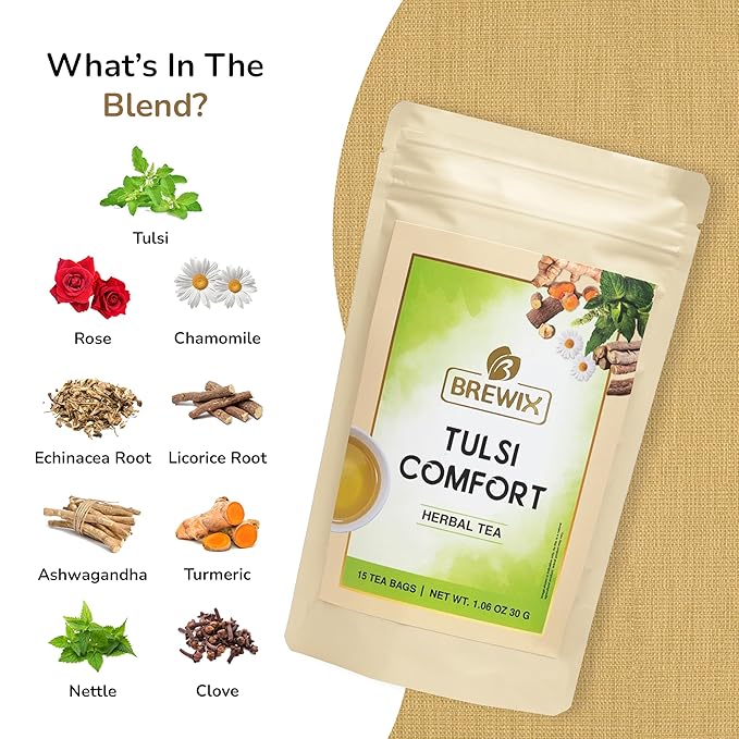BREWIX Holy Basil Tea Bags (15 Pyramid Tea Bags) | Tee With Tulsi Leaves and Chamomile | Caffeine Free, Calming Herbal Tea With Fresh and Cool Flavor - Bloomnest