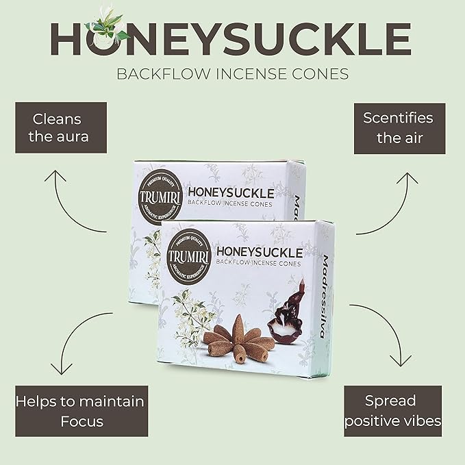 Honeysuckle Backflow Incense Cones - Total 20 Incense Cones Waterfall - Dual Pack of 10 Incense Backflow Cones - Waterfall Incense Cones - Incense Waterfall Cones TRUMIRI