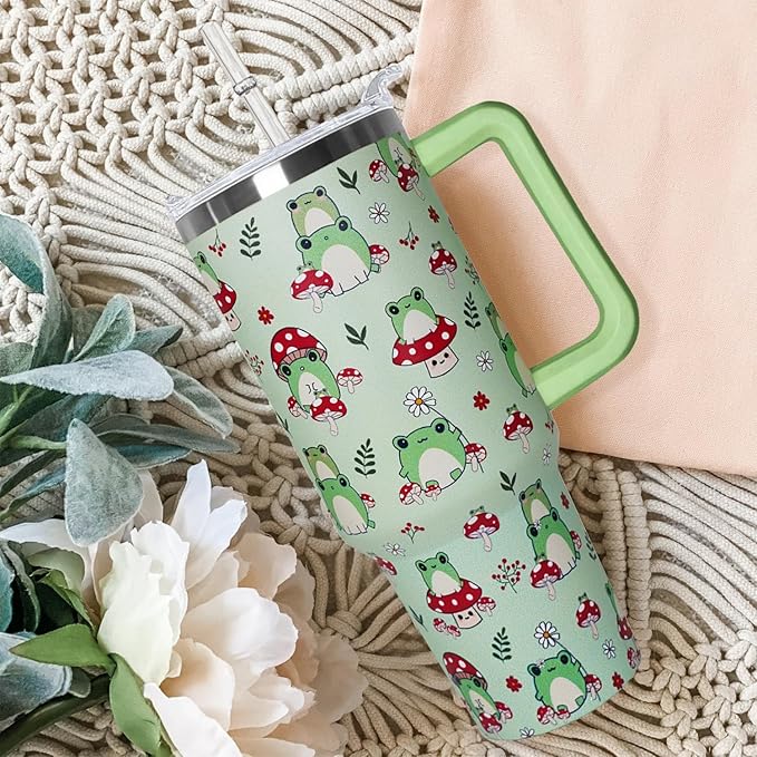 Ceovfoi 40 oz Frog Tumbler With Handle, Lid and Straw - Cute Green Kawaii Mushroom Gifts for Women, Decor, Accessories - Bloomnest