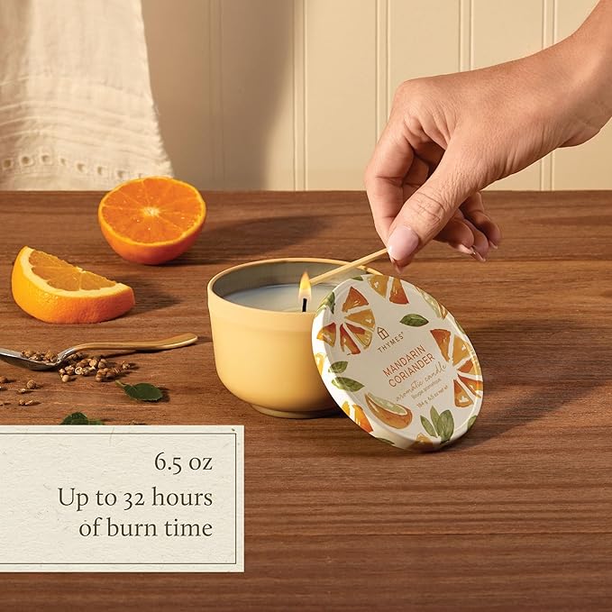 Thymes Scented Candles for Women & Men – Tin with Lid – Luxury Home Decor – Citrus Candle with Notes of Mandarin Oil, Coriander, Grapefruit, Lemon Balm & Green Ivy (Mandarin Coriander, 6.5 oz) - Bloomnest
