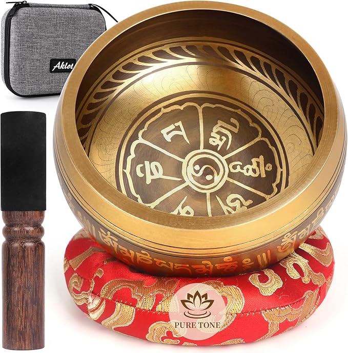 AKLOT HandMade Meditation Singing Bowl: Tibetan Sound Bowl Set with Pure Tone, Sound Bath Bowl with Cushion, Mallet, Carry Bag, Spiritual Gift for Chakra Clearing, Yoga, Prayer, Relaxation (5 Inch)