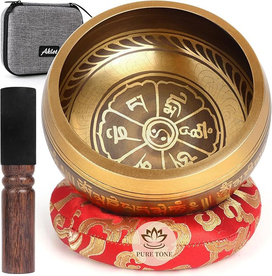 AKLOT HandMade Meditation Singing Bowl: Tibetan Sound Bowl Set with Pure Tone, Sound Bath Bowl with Cushion, Mallet, Carry Bag, Spiritual Gift for Chakra Clearing, Yoga, Prayer, Relaxation (5 Inch)