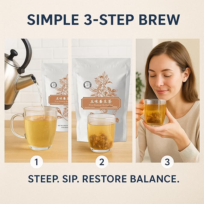 Five Element Herbal Tea Bags With American Ginseng, Chrysanthemum, Goji Berry, Jujube, And Citrus Peel | Herbal Blend For Immunity, Balance, And Vitality | 5 Count Wellness Tea Bags