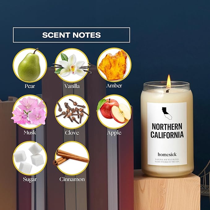 Homesick Scented Candles for Home (California Norcal) - 13.75 oz Long-Lasting Soy Wax Jar Candle for Women & Men for All Occasions, 60-80 Hours Burn Time - Notes of Pear, Vanilla & Amber - Bloomnest