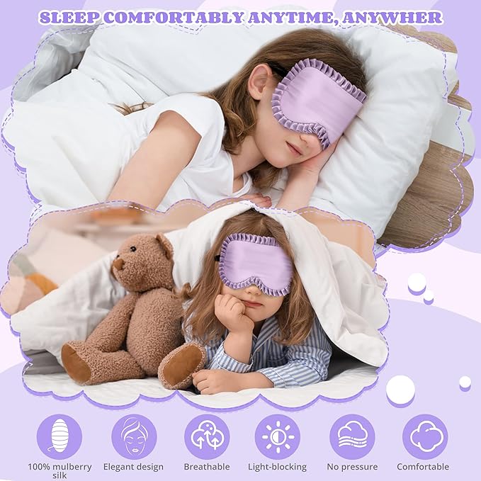 Kids Sleep Mask Eye Cover, 100% Real Mulberry Silk Sleep Mask with Adjustable Strap, Kids Blindfold for Sleeping, Boys Girls Eye Shade for Ages 5+, Soft and No Pressure (Purple) - Bloomnest