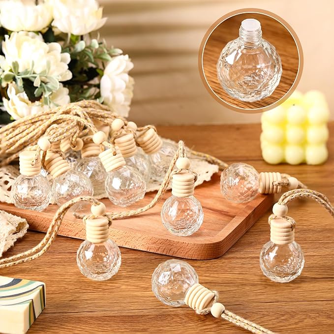BBTO 50 Pcs Hanging Car Air Freshener Car Diffuser Bottles Empty Glass Perfume Bottle Freshener Diffuser Bottle Pendant for Essential Oil Fragrance Aromatherapy Bottle Ornament(Round Diamond) - Bloomnest