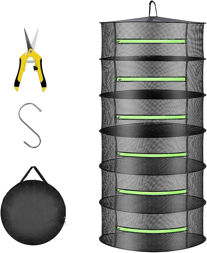 Layer 2ft Herb Drying Rack Hanging Mesh Net with Green Zippers,Bonus Hook Drying Rack Herbs for Plant Bud Seed,Herb Dry Net for Garden(6 Layer, Zipper Type) - Bloomnest