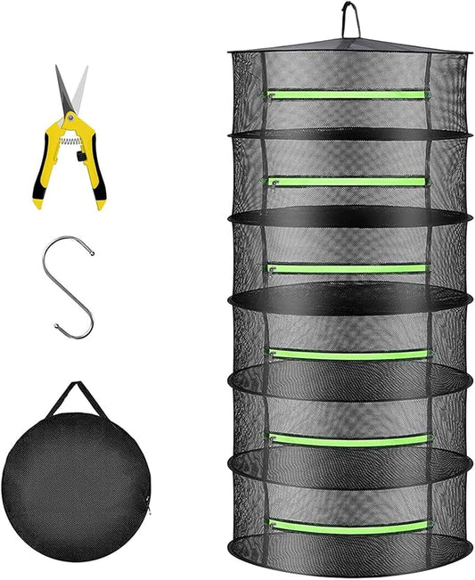 Layer 2ft Herb Drying Rack Hanging Mesh Net with Green Zippers,Bonus Hook Drying Rack Herbs for Plant Bud Seed,Herb Dry Net for Garden(6 Layer, Zipper Type) - Bloomnest