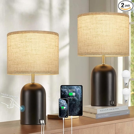 Bedside Lamps with USB C+A Charging Ports, Table Lamp Touch Control 3-Way Dimmable Modern Lamp for Bedroom Lamps for Night Stands with Fabric Shade for Living Room Office Dorm (LED Bulbs Included) - Bloomnest