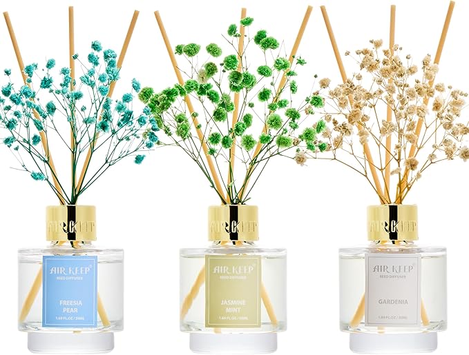 Airkeep Reed Diffuser Set of 3, Jasmine Mint Gardenia Freesia Pear Oil Reed Diffusers for Bedroom Living Room Office Aromatherapy Oil Reed Diffuser for Gift 50ml x 3 - Bloomnest