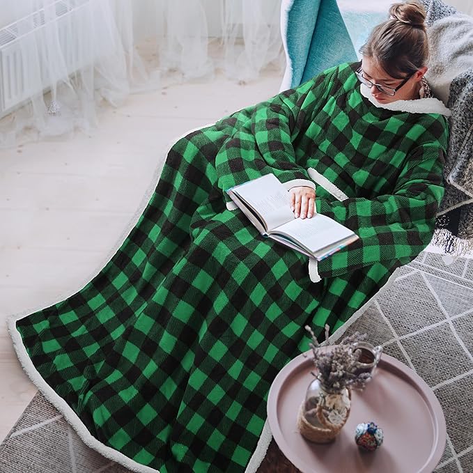 Tirrinia Sherpa Wearable Blanket With Sleeves, Full Body Throw Reading Wrap TV Blankets - Bloomnest