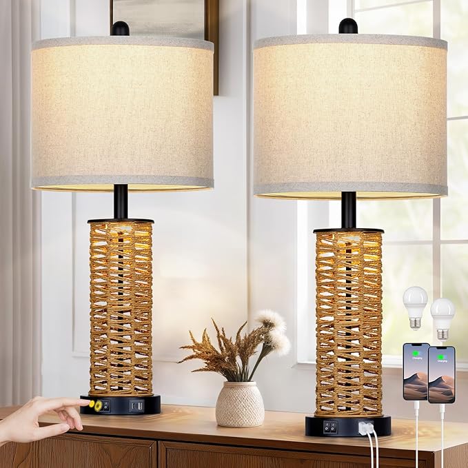 27" Boho Rattan Table Lamps Set of 2, Coastal Bedside Lamp with Night Light, Woven Wicker Bedroom Nightstand Lamps with USB A+C Charging Port, Tall Farmhouse Lamp for Living Room End Table - Bloomnest
