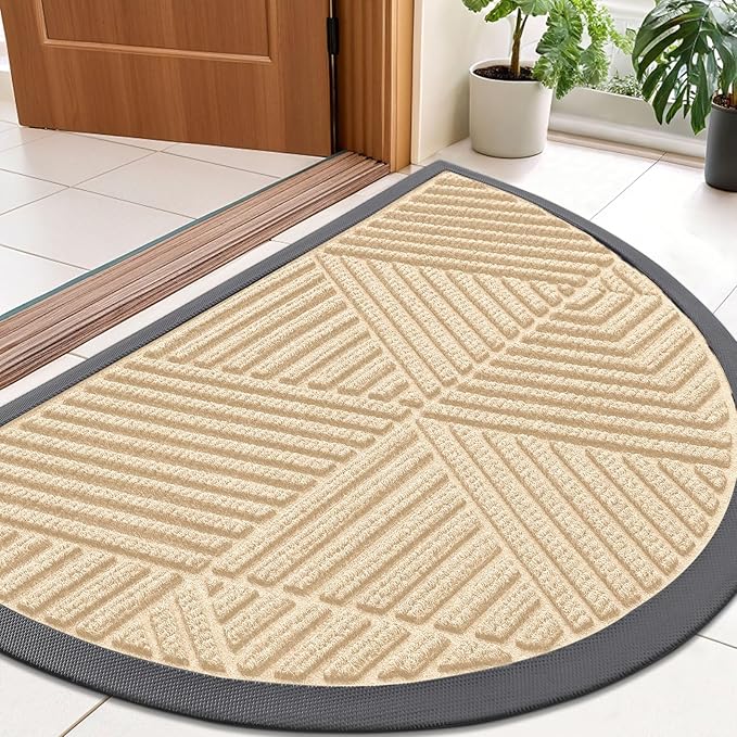 Smiry Half Circle Front Door Mat Outside Entrance, Heavy Duty Sturdy Natural Rubber Doormat, Trap Dirt and Moisture, Low Profile Mats for Indoor Outdoor Entry, Irregular Triangle (36x24, Beige) - Bloomnest