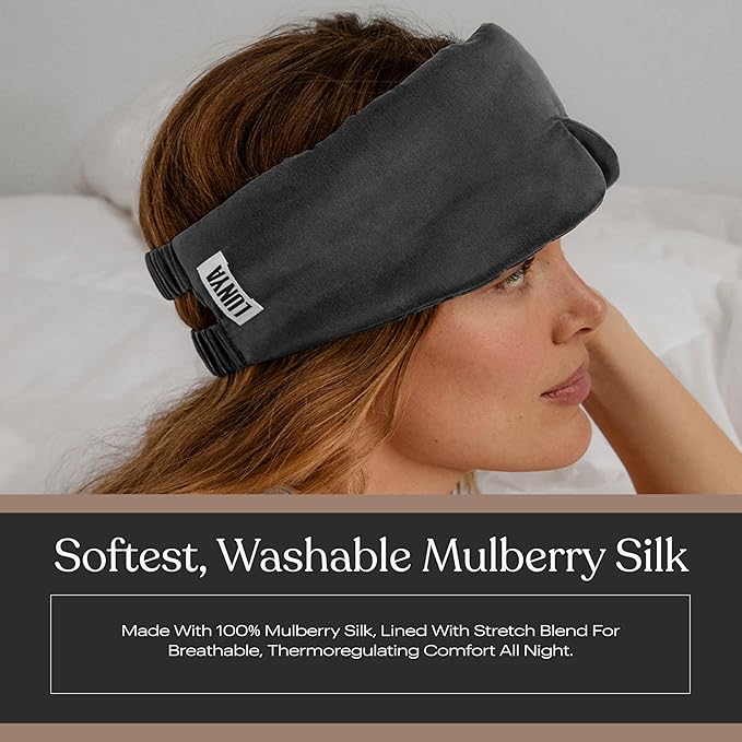 Lunya Weighted Silk Sleep Mask – Mulberry Silk Eye Cover with Cooling Glass Beads, Noise-Reducing Fit, Washable Fabric, and Travel Pouch – Sleeping Mask for Men and Women - Meditative Grey – Small - Bloomnest