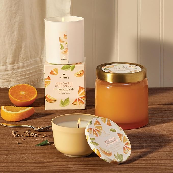 Thymes Scented Candles for Women & Men – Tin with Lid – Luxury Home Decor – Citrus Candle with Notes of Mandarin Oil, Coriander, Grapefruit, Lemon Balm & Green Ivy (Mandarin Coriander, 6.5 oz) - Bloomnest