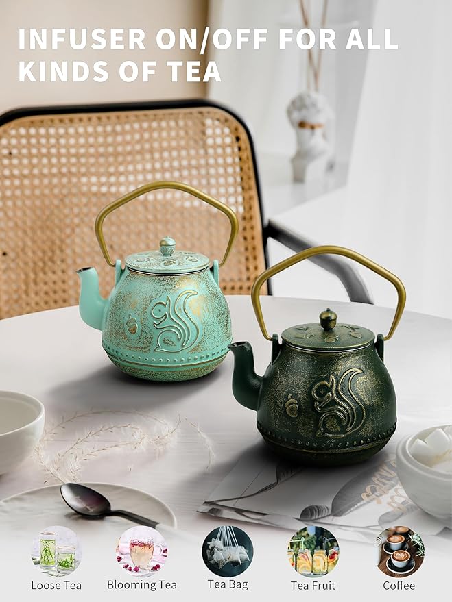 Toptier Teapot with Removable Infuser, Cast Iron Tea Kettle Stovetop Safe, Squirrel Design Tea Pot Coated with Enameled Interior for 32 Ounce (950 ml), Aqua - Bloomnest