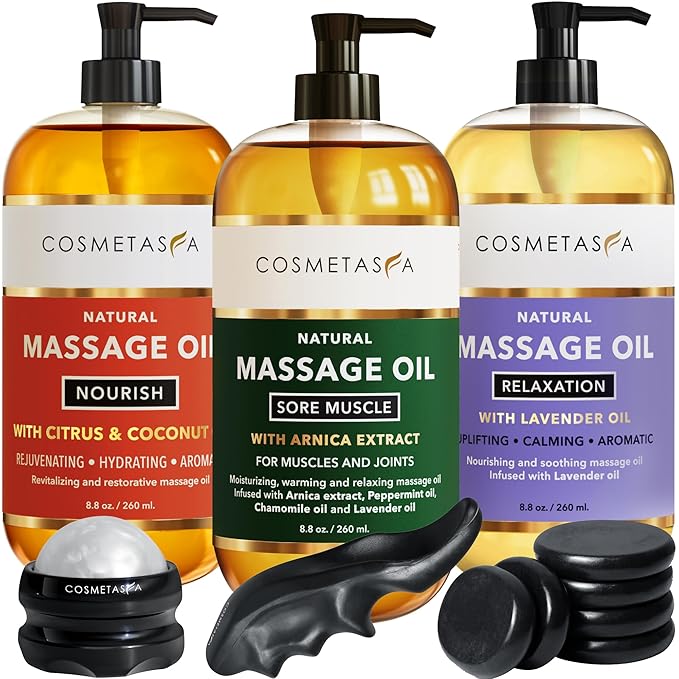 Cosmetasa Spa Gift Set for Women & Men - Relaxation Lavender Massage Oil, Citrus Coconut Oil, Arnica Sore Muscle Massage Oil with Hot Stones, Roller Ball and Thumb Saver Massage Tools