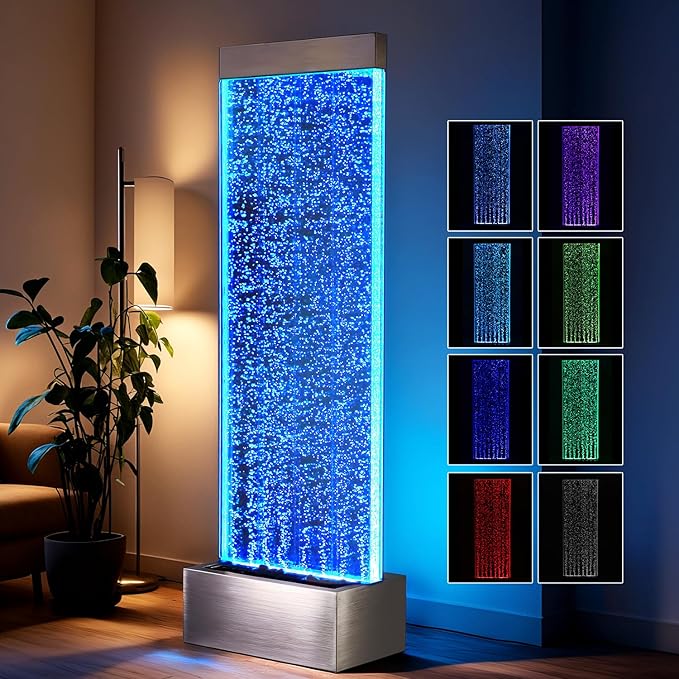 Bubble Wall Waterfall Fountain, Acrylic Indoor Floor Standing Water Wall with Changing LED Color Lights Remote Control, 64" x 19", Housewarming, Christmas Home Decor (Bubble Wall) - Bloomnest