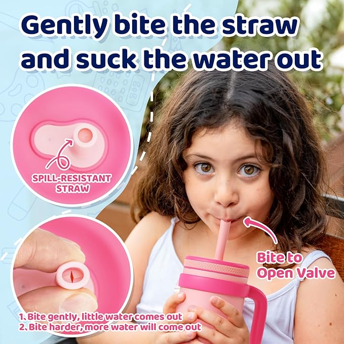 Tronco 14 oz Kids Insulated Tumbler with Handle & Spill Resistant Flexible Straw, BPA-Free Stainless Steel Toddler Cups with Lids, Splash-Proof Kid Drinking Cup Travel Mugs, Easy to Clean - Bloomnest