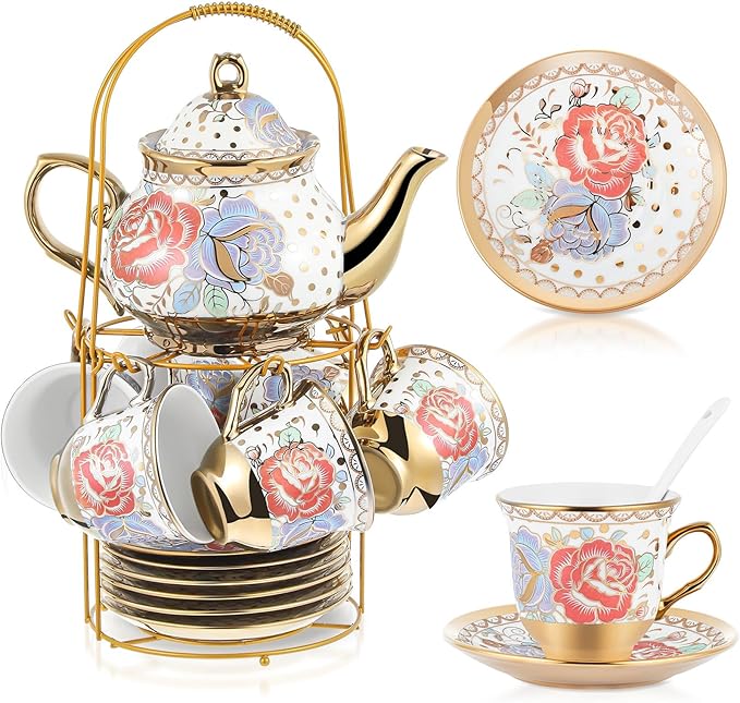 Zhehao 20 Pcs Porcelain Tea Set with Metal Holder and Spoon Adult Ceramic Tea Set European Flower Painting Teapot Cup Saucer Spoon for Women, Large Version(Romantic Style) - Bloomnest
