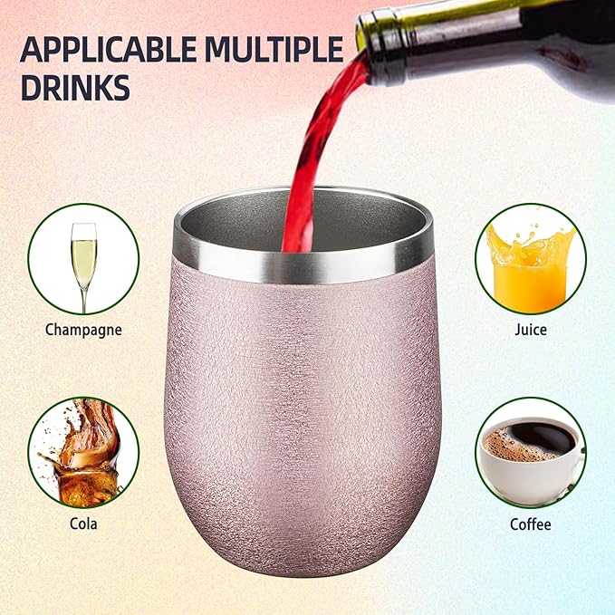 12 oz Insulated Wine Tumbler with Lid and Straw Double Wall Vacuum Insulated Wine Cup Stainless Steel Wine Tumbler Glasses for Coffee,Champaign,Office (Wrinkle Paint Rose Gold,1) - Bloomnest