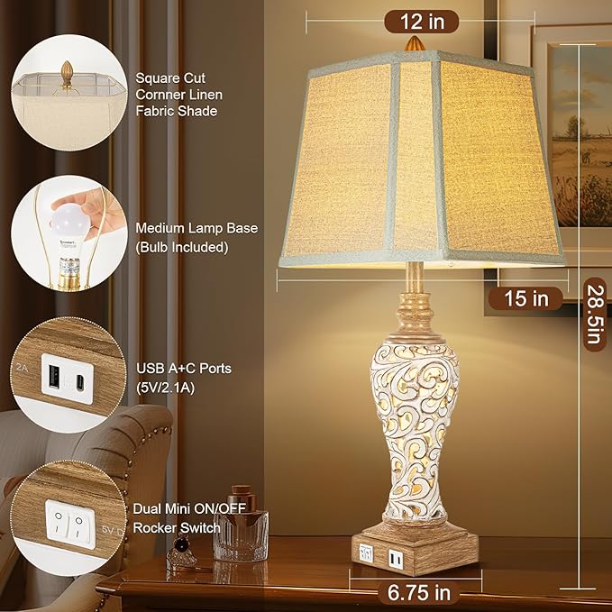 28.5" Rustic Table Lamp Set of 2 For Living Room Farmhouse Lamps for Bedroom, Bedside Lamps with Night Lights And USB C+A Charging Ports for Decor Office Study Hotel (Bulbs Included) - Bloomnest