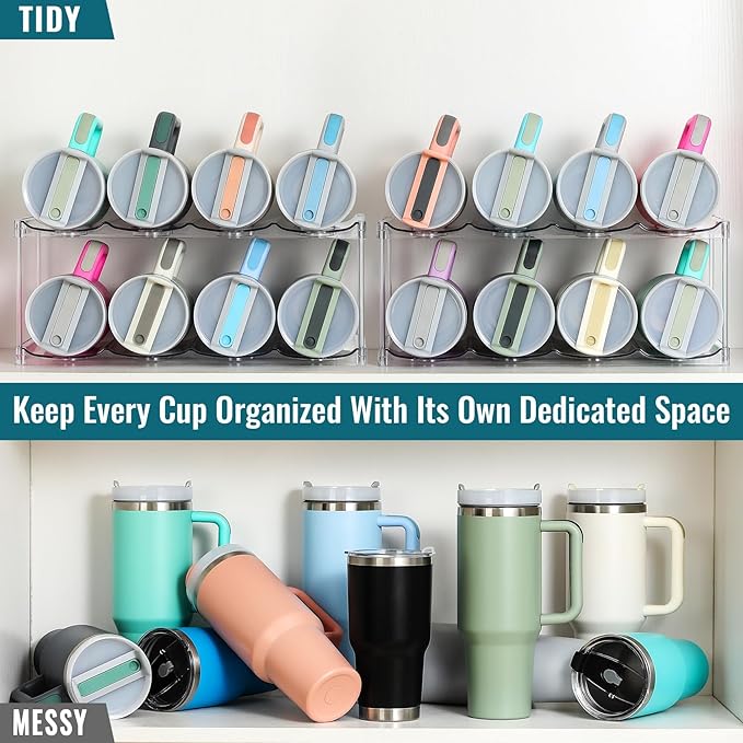 Design for Stanley 40 OZ & Large Bottles & Tumblers with Handle - Acrylic Water Bottle Organizer - Stackable Clear Wine Rack, Cup Holder for Home Kitchen Pantry Shelf Countertop Cabinet, 2 Tier Hold 8 MakeLifeBetterEasier