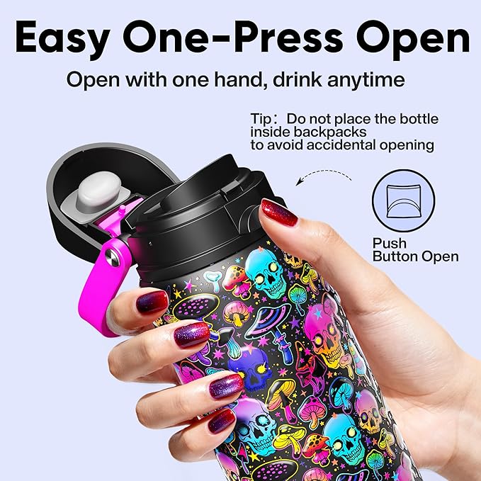 Insulated Water Bottle with Straw - Encool Stainless Steel Water Bottle with Push Button Lid, Leak-Proof & BPA-Free, Keeps Cold for 24 Hours for Sports, Travel, Gym (32 oz, Trippy Skulls) ENCOOL