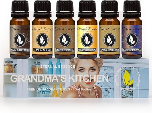 Eternal Essence Oils Grandma's Kitchen Set of 6 Premium Fragrance Oils - Caramel Nut Muffin, Oatmeal Cookie Dough, Snickerdoodle, Orange Chiffon Cake, Lemon Sugar, and Blueberry Pancakes - 10ML - Bloomnest