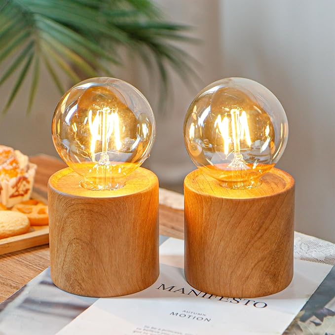 JHY DESIGN Set of 4 Wood Grain Table Lamp 6.5" Tall Cordless Lamp Light with Edison Style Bulb and 6 Hours Timer Battery Operated Lamp Great for Living Room Weddings Parties Patio Indoors Outdoors