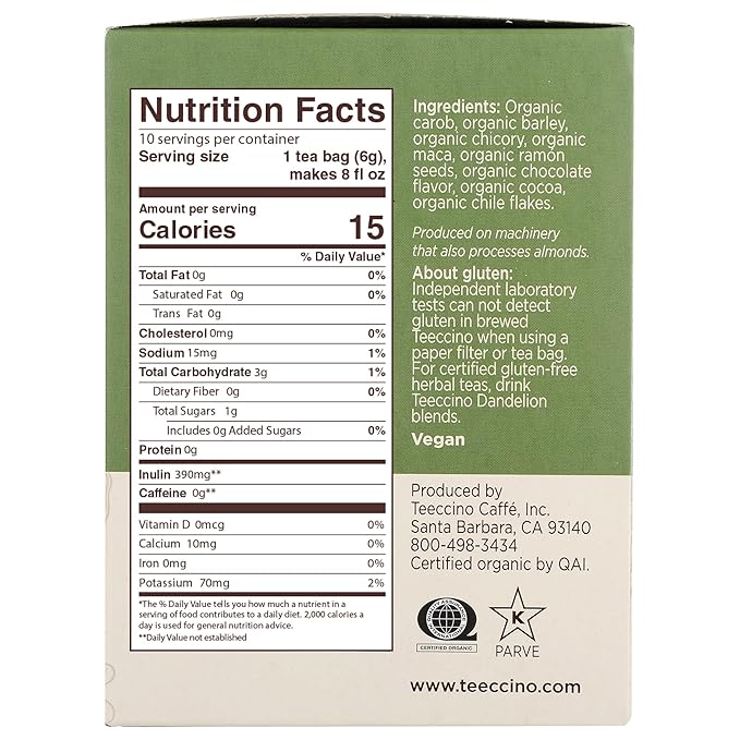 Teeccino Maca Chocolaté Herbal Tea - Rich & Roasted Herbal Tea That’s Caffeine Free & Prebiotic with Natural Energy from Adaptogenic Peruvian Maca, 10 Tea Bags - Bloomnest