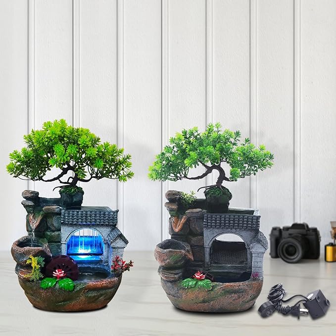 11" Desktop Fountain Rock Waterfall Humidifier with Artificial Tree &LED Light, Tabletop Water Fountains Indoor Fake Plant Bonsai Tree Feng Shui Decoration for Aquariums Office Bedroom Home Décor - Bloomnest